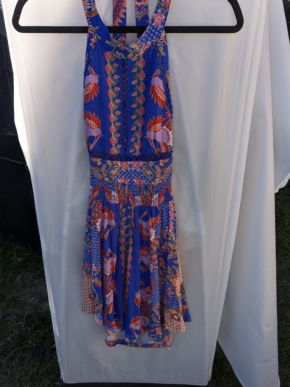 Jaase Boho Tropical Halter Mini Dress Smocked Festival Summer XS Dopamine Drip - Picture 9 of 13